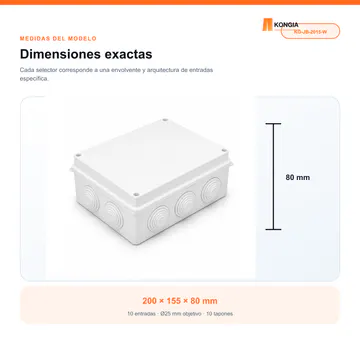 Dimensiones y arquitectura de entradas — Caja de Conexión para CCTV, 200 × 155 × 80 mm, 10 Entradas, ABS Blanca — KG-JB-2015-W