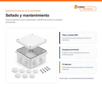 Construcción y componentes de la envolvente — Caja de Conexión para CCTV, 200 × 155 × 80 mm, 10 Entradas, ABS Blanca — KG-JB-2015-W