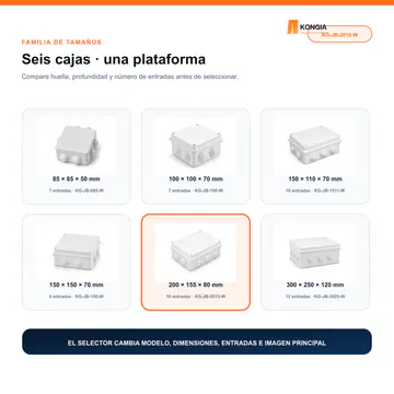 Selección de tamaño o compatibilidad — Caja de Conexión para CCTV, 200 × 155 × 80 mm, 10 Entradas, ABS Blanca — KG-JB-2015-W