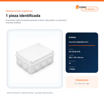 Presentación comercial y etiquetado KONGIA — Caja de Conexión para CCTV, 200 × 155 × 80 mm, 10 Entradas, ABS Blanca — KG-JB-2015-W