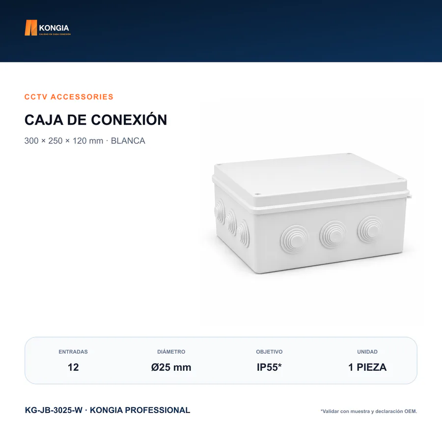 Caja de Conexión para CCTV, 300 × 250 × 120 mm, 12 Entradas, ABS Blanca