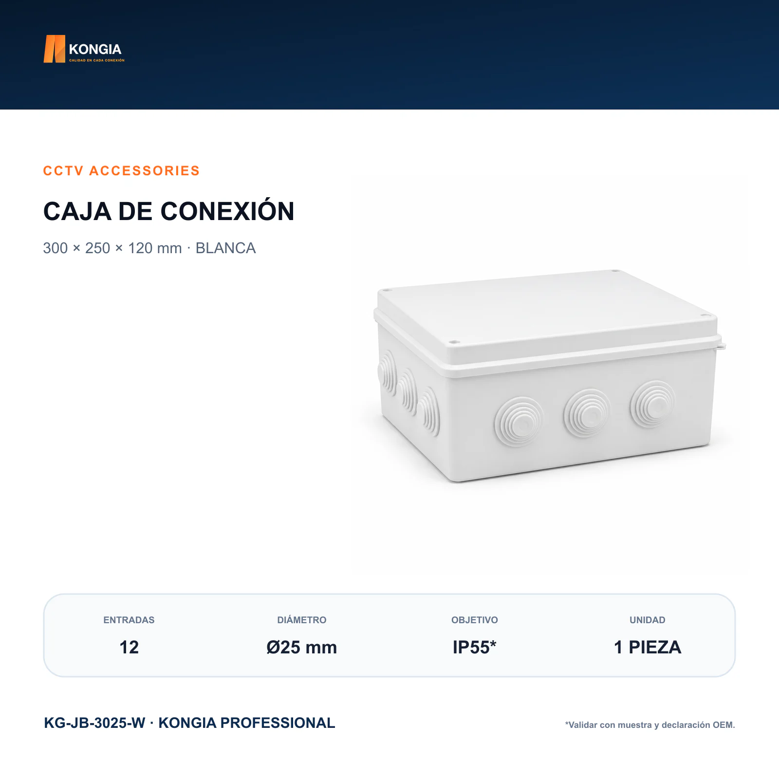 Caja de Conexión para CCTV, 300 × 250 × 120 mm, 12 Entradas, ABS Blanca
