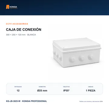 Vista principal del modelo — Caja de Conexión para CCTV, 300 × 250 × 120 mm, 12 Entradas, ABS Blanca — KG-JB-3025-W
