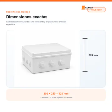 Dimensiones y arquitectura de entradas — Caja de Conexión para CCTV, 300 × 250 × 120 mm, 12 Entradas, ABS Blanca — KG-JB-3025-W