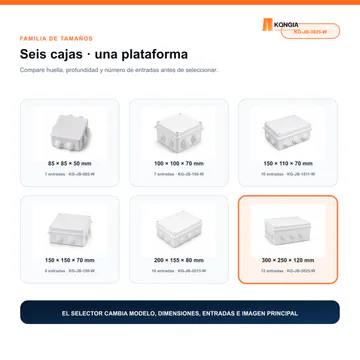 Selección de tamaño o compatibilidad — Caja de Conexión para CCTV, 300 × 250 × 120 mm, 12 Entradas, ABS Blanca — KG-JB-3025-W