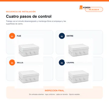Secuencia de instalación recomendada — Caja de Conexión para CCTV, 300 × 250 × 120 mm, 12 Entradas, ABS Blanca — KG-JB-3025-W