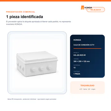 Presentación comercial y etiquetado KONGIA — Caja de Conexión para CCTV, 300 × 250 × 120 mm, 12 Entradas, ABS Blanca — KG-JB-3025-W