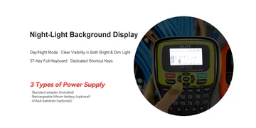Pantalla iluminada y opciones de alimentación — Impresora Portátil Profesional de Etiquetas de 12 mm — KG-LP-E12 PRO