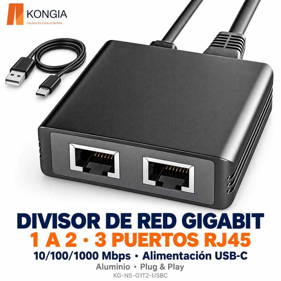 Divisor de red Gigabit 1 a 2 | 3 puertos RJ45 10/100/1000 Mbps | USB-C | Aluminio | Conexión simultánea