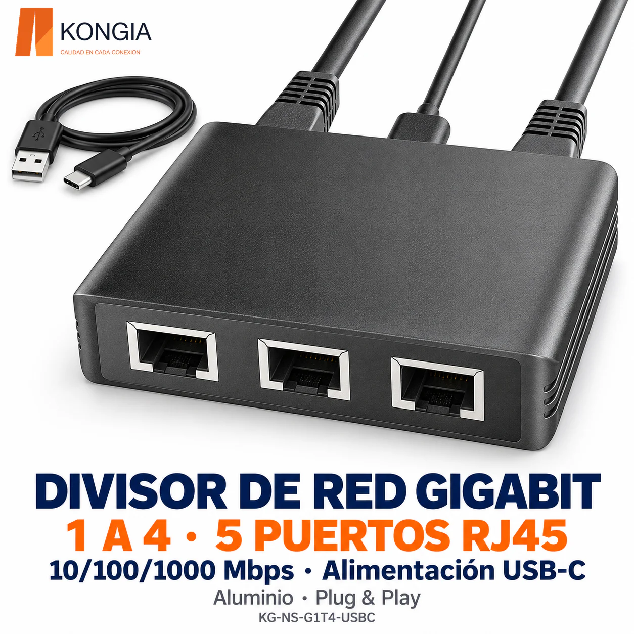 Divisor de red Gigabit 1 a 4 | 5 puertos RJ45 10/100/1000 Mbps | USB-C | Aluminio | Conexión simultánea