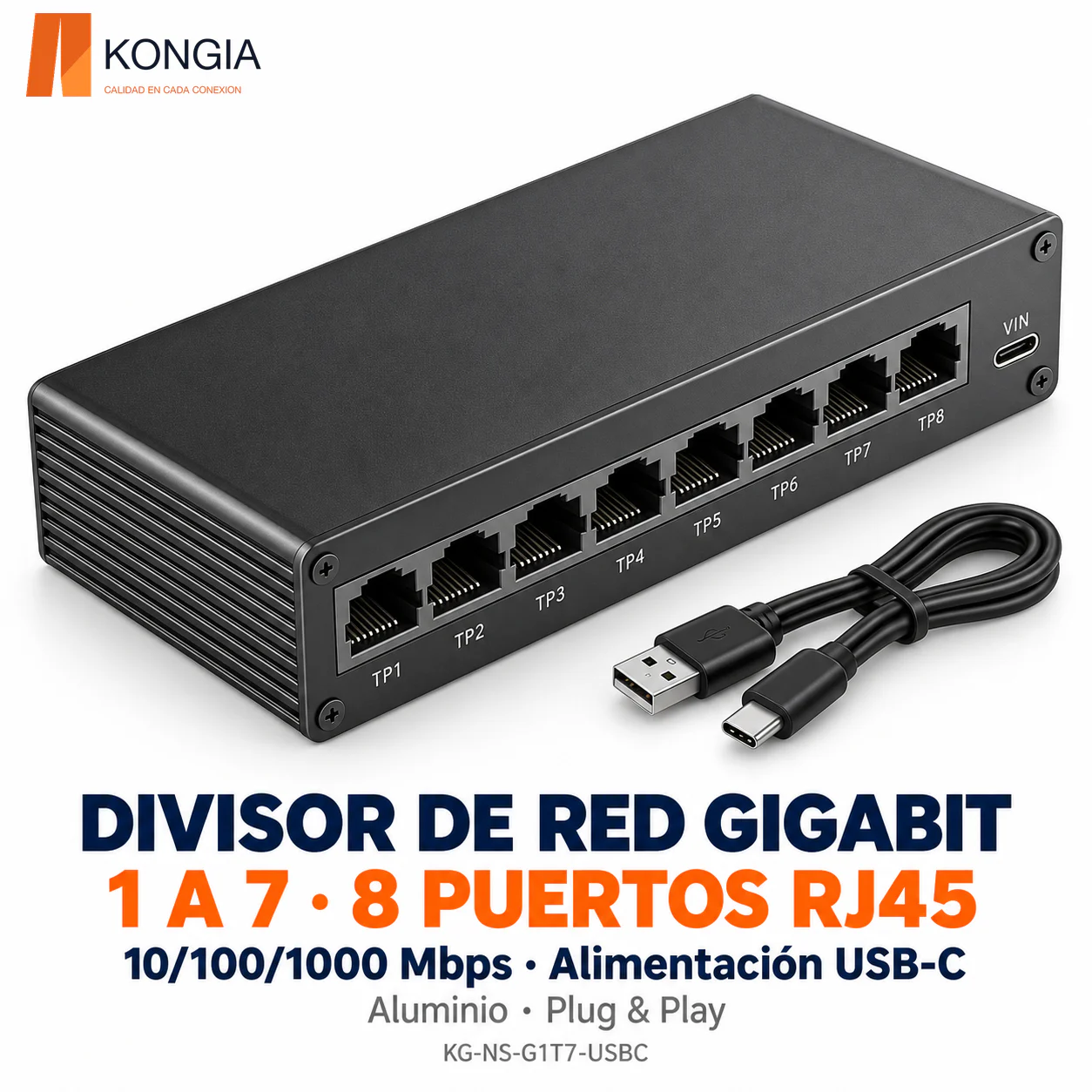 Divisor de red Gigabit 1 a 7 | 8 puertos RJ45 10/100/1000 Mbps | USB-C | Aluminio | Conexión simultánea