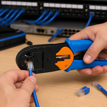 Pinza ponchadora para conectores RJ45 Pass-Through KG-NT-CT-PASS100 — uso profesional en banco de trabajo