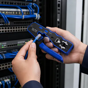 Pinza ponchadora para conectores RJ45 Pass-Through KG-NT-CT-PT100 — aplicación en rack de telecomunicaciones