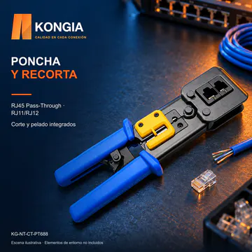 PONCHA Y RECORTA — RJ45 Pass-Through · RJ11/RJ12. Corte y pelado integrados