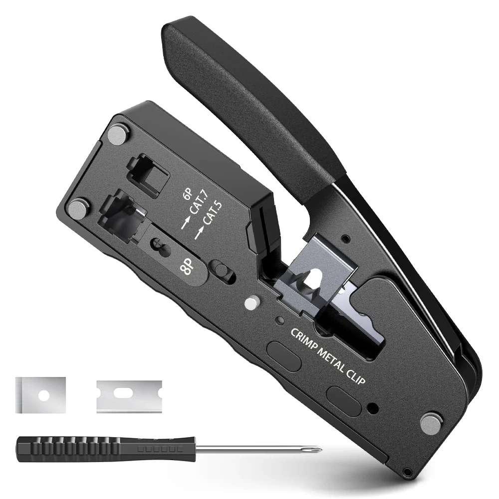 Pinza ponchadora RJ45 Pass-Through con ajuste CAT5/CAT7 y RJ11/RJ12