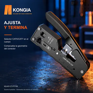 AJUSTA Y TERMINA — Selector CAT5/CAT7 en el cuerpo. Comprueba la geometría del conector