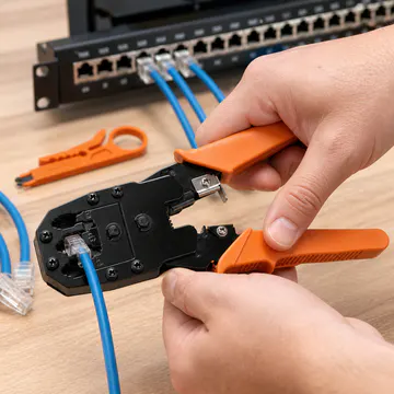 Pinza ponchadora modular 3 en 1 KG-NT-CT-RJ45-Y100 — uso profesional en banco de trabajo