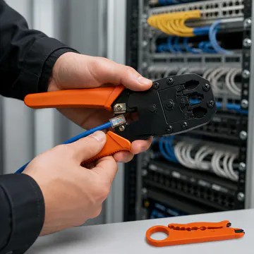 Pinza ponchadora modular 3 en 1 KG-NT-CT-RJ45-Y100 — aplicación en rack de telecomunicaciones