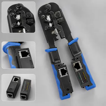 Pinza ponchadora con probador de cable integrado KG-NT-CT-TEST1000 PRO — detalle del mecanismo y construcción