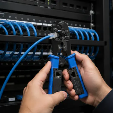 Pinza ponchadora con probador de cable integrado KG-NT-CT-TEST1000 PRO — aplicación en rack de telecomunicaciones