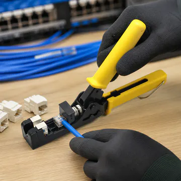 Herramienta de terminación para jacks Keystone de 180° KG-NT-KJ-180-CR100 — uso profesional en banco de trabajo