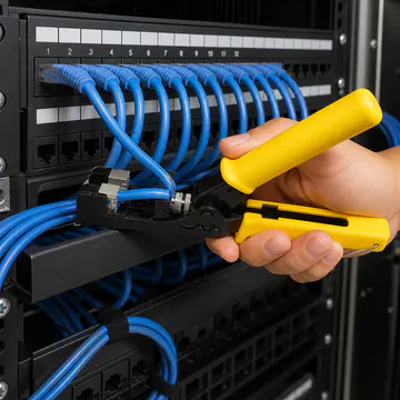 Herramienta de terminación para jacks Keystone de 180° KG-NT-KJ-180-CR100 — aplicación en rack de telecomunicaciones