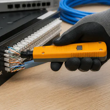 Herramienta de impacto (Punchdown) para terminación de conectores KG-NT-PDT-110 — uso profesional en banco de trabajo