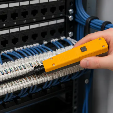 Herramienta de impacto (Punchdown) para terminación de conectores KG-NT-PDT-110 — aplicación en rack de telecomunicaciones