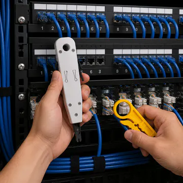 Kit de herramienta de impacto (Punchdown) y pelacables KG-NT-PDT-KIT100 — aplicación en rack de telecomunicaciones