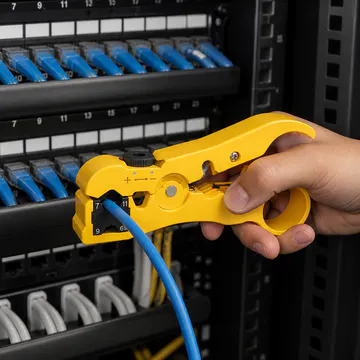 Pelacables automático KG-NT-ST-AUTO100 — aplicación en rack de telecomunicaciones