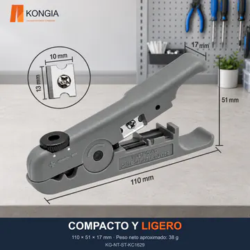 COMPACTO Y LIGERO — 110 × 51 × 17 mm · Peso neto aproximado: 38 g