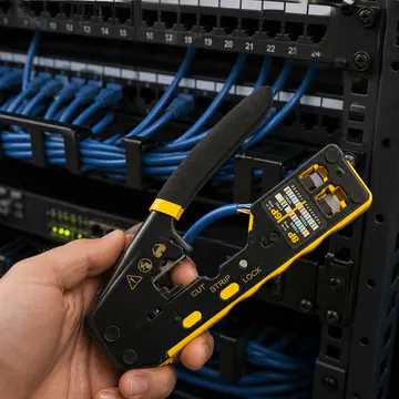 Herramienta profesional para preparación de cable de red KG-NT-ST-PRO100 — aplicación en rack de telecomunicaciones