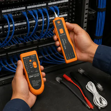 Probador y localizador de cables de red KG-NT-WT-100 — uso profesional en banco de trabajo