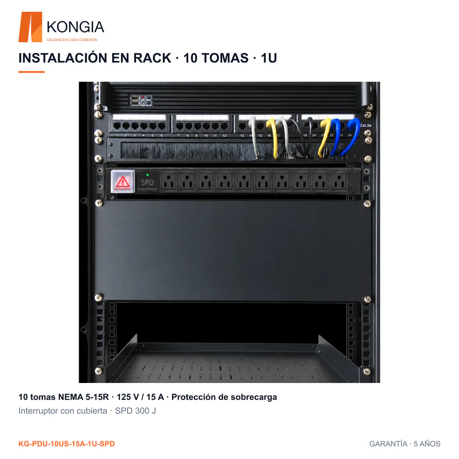 Escenarios de uso - PDU US SPD 300 J NEMA 5-15R · 10 tomas hembra · Rack 19 pulgadas 1U · Aluminio: disipación térmica, ignífugo y antiestático · Barra de cobre engrosada de una pieza · 125 V/15 A fijos · Sobrecarga y sobretensiones 300 J · 6 FT (1.8 m), 14 AWG de cobre puro