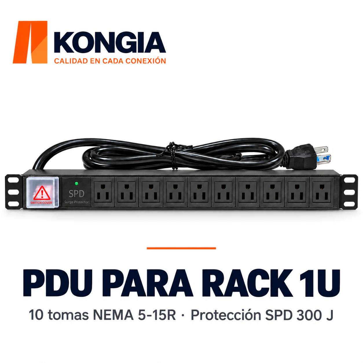 PDU US SPD 300 J NEMA 5-15R · 10 tomas hembra · Rack 19 pulgadas 1U · Aluminio: disipación térmica, ignífugo y antiestático · Barra de cobre engrosada de una pieza · 125 V/15 A fijos · Sobrecarga y sobretensiones 300 J · 6 FT (1.8 m), 14 AWG de cobre puro