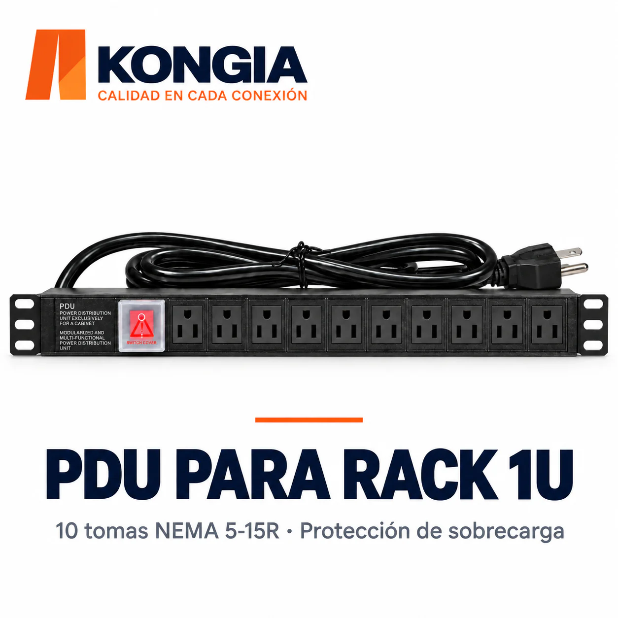 PDU US estándar NEMA 5-15R · 10 tomas hembra · Rack 19 pulgadas 1U · Aluminio: disipación térmica, ignífugo y antiestático · Barra de cobre engrosada de una pieza · 125 V/15 A fijos · Protección de sobrecarga · 6 FT (1.8 m), 14 AWG de cobre puro