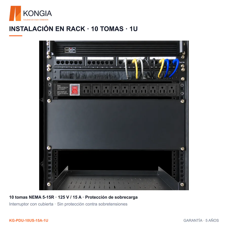 Escenarios de uso - PDU US estándar NEMA 5-15R · 10 tomas hembra · Rack 19 pulgadas 1U · Aluminio: disipación térmica, ignífugo y antiestático · Barra de cobre engrosada de una pieza · 125 V/15 A fijos · Protección de sobrecarga · 6 FT (1.8 m), 14 AWG de cobre puro