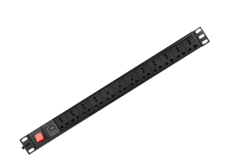 PDU Universal para Rack 19 pulgadas, Perfil 1U, 12 Tomas, 16A / 110V-250V