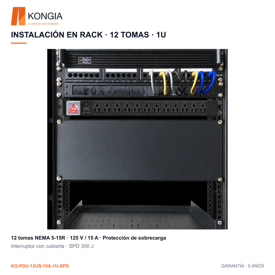 Escenarios de uso - PDU US SPD 300 J NEMA 5-15R · 12 tomas hembra · Rack 19 pulgadas 1U · Aluminio: disipación térmica, ignífugo y antiestático · Barra de cobre engrosada de una pieza · 125 V/15 A fijos · Sobrecarga y sobretensiones 300 J · 6 FT (1.8 m), 14 AWG de cobre puro