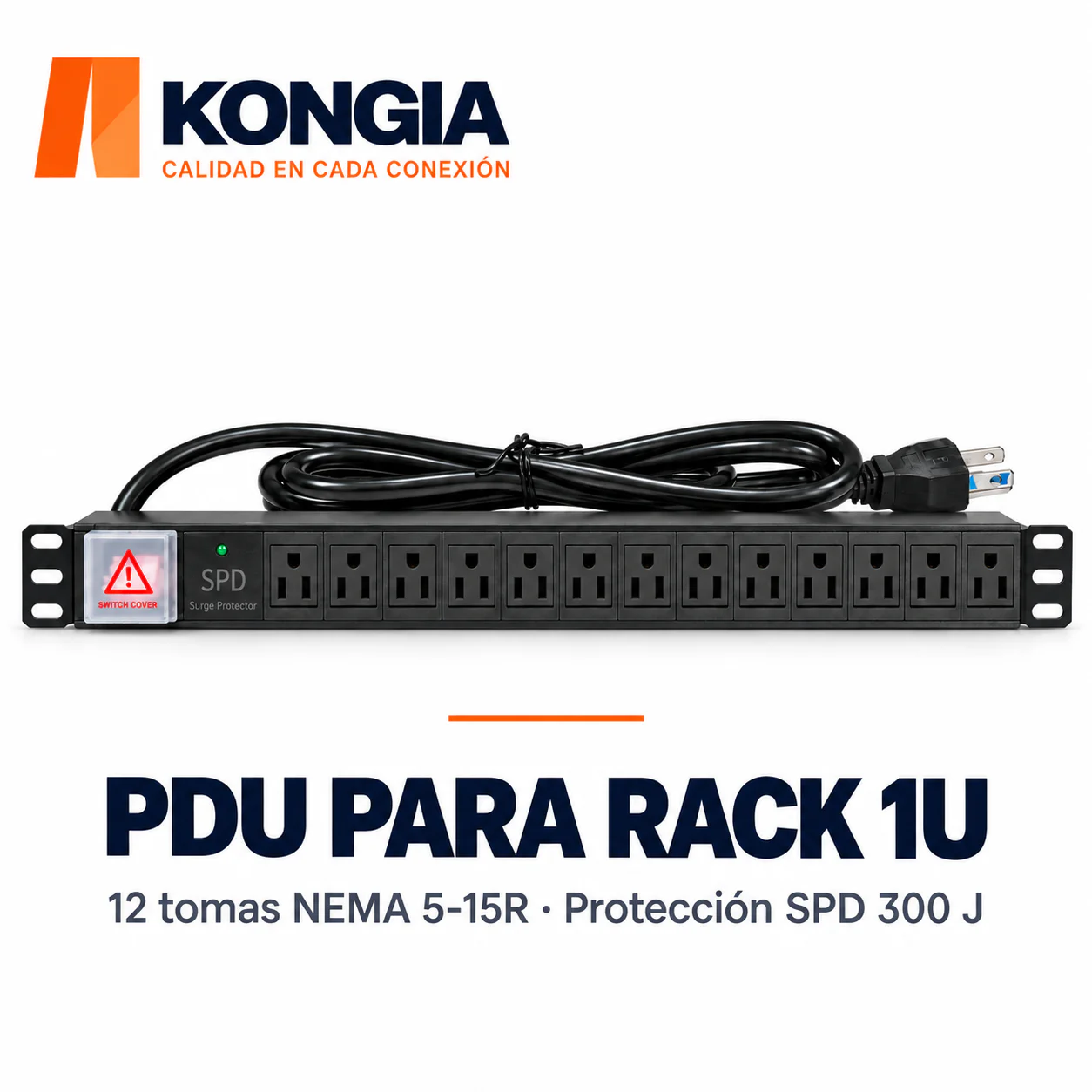 PDU US SPD 300 J NEMA 5-15R · 12 tomas hembra · Rack 19 pulgadas 1U · Aluminio: disipación térmica, ignífugo y antiestático · Barra de cobre engrosada de una pieza · 125 V/15 A fijos · Sobrecarga y sobretensiones 300 J · 6 FT (1.8 m), 14 AWG de cobre puro
