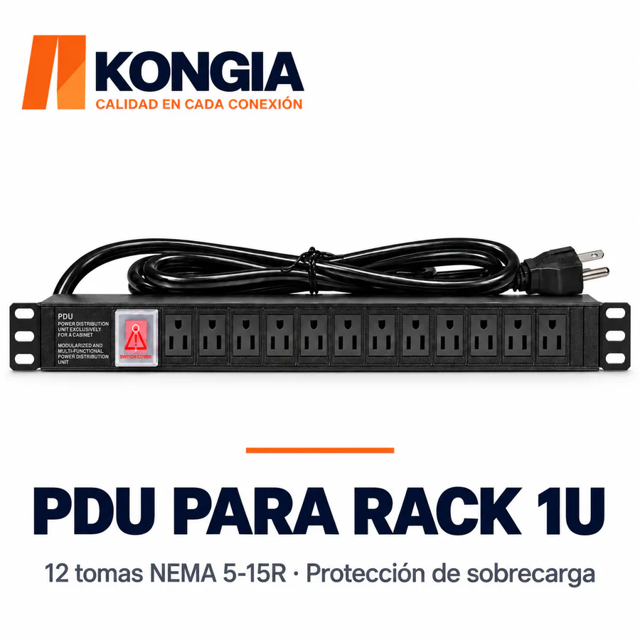 PDU US estándar NEMA 5-15R · 12 tomas hembra · Rack 19 pulgadas 1U · Aluminio: disipación térmica, ignífugo y antiestático · Barra de cobre engrosada de una pieza · 125 V/15 A fijos · Protección de sobrecarga · 6 FT (1.8 m), 14 AWG de cobre puro