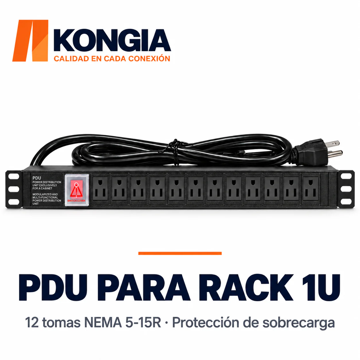 PDU US estándar NEMA 5-15R · 12 tomas hembra · Rack 19 pulgadas 1U · Aluminio: disipación térmica, ignífugo y antiestático · Barra de cobre engrosada de una pieza · 125 V/15 A fijos · Protección de sobrecarga · 6 FT (1.8 m), 14 AWG de cobre puro
