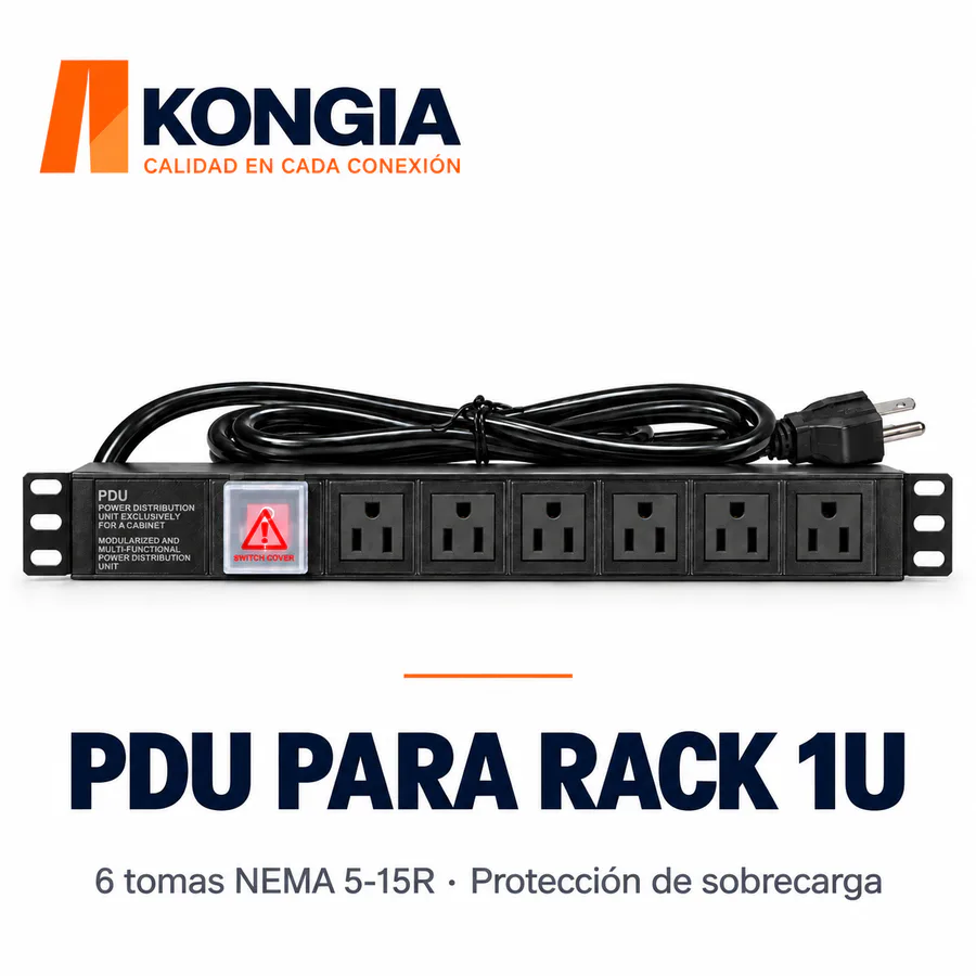PDU US estándar NEMA 5-15R · 6 tomas hembra · Rack 19 pulgadas 1U · Aluminio: disipación térmica, ignífugo y antiestático · Barra de cobre engrosada de una pieza · 125 V/15 A fijos · Protección de sobrecarga · 6 FT (1.8 m), 14 AWG de cobre puro
