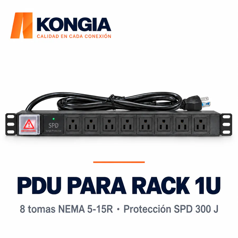 PDU US SPD 300 J NEMA 5-15R · 8 tomas hembra · Rack 19 pulgadas 1U · Aluminio: disipación térmica, ignífugo y antiestático · Barra de cobre engrosada de una pieza · 125 V/15 A fijos · Sobrecarga y sobretensiones 300 J · 6 FT (1.8 m), 14 AWG de cobre puro