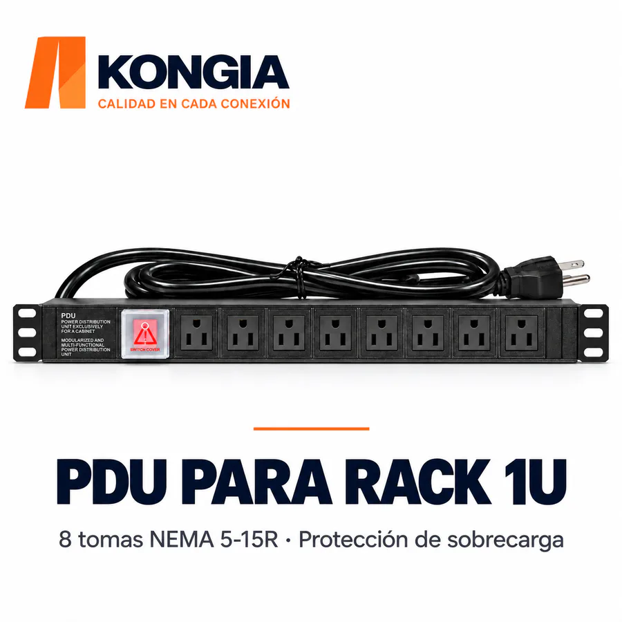 PDU US estándar NEMA 5-15R · 8 tomas hembra · Rack 19 pulgadas 1U · Aluminio: disipación térmica, ignífugo y antiestático · Barra de cobre engrosada de una pieza · 125 V/15 A fijos · Protección de sobrecarga · 6 FT (1.8 m), 14 AWG de cobre puro