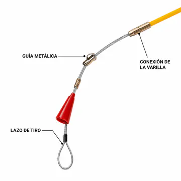 Detalle de la guía metálica y el lazo de tiro — Guía Pasacables de Fibra de Vidrio Ø4 mm, 20 m — KG-PI-FT-F20