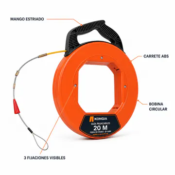 Construcción visible del carrete ABS y mango estriado — Guía Pasacables de Fibra de Vidrio Ø4 mm, 30 m — KG-PI-FT-F30