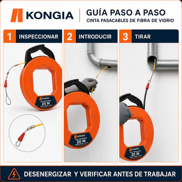Secuencia de inspección, introducción y tiro con el circuito desenergizado — Guía Pasacables de Fibra de Vidrio Ø4 mm, 50 m — KG-PI-FT-F50