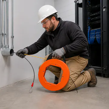 Instalación profesional en conduit de un cuarto de telecomunicaciones — Guía Pasacables de Fibra de Vidrio Ø4 mm, 50 m — KG-PI-FT-F50