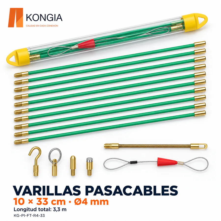 Kit de varillas pasacables de fibra de vidrio, 10 × 33 cm, Ø4 mm · 3,3 m en total